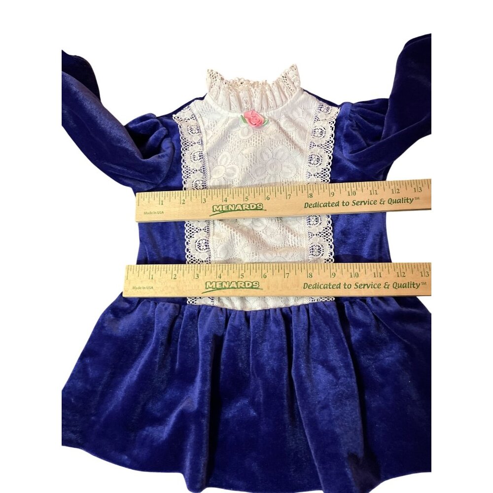 Vintage Toddler Girls 4T Blue Velvet Lace Dress Long Sleeve Party Holiday Used - Picture 9 of 16